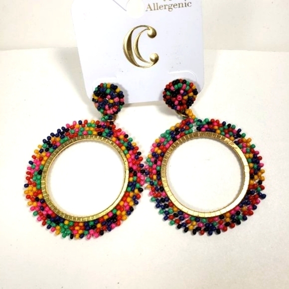 Stunning Hypoallergenic Gold-Tone Beaded Hoop Drop Earrings – Colorful Statement - Picture 5 of 8